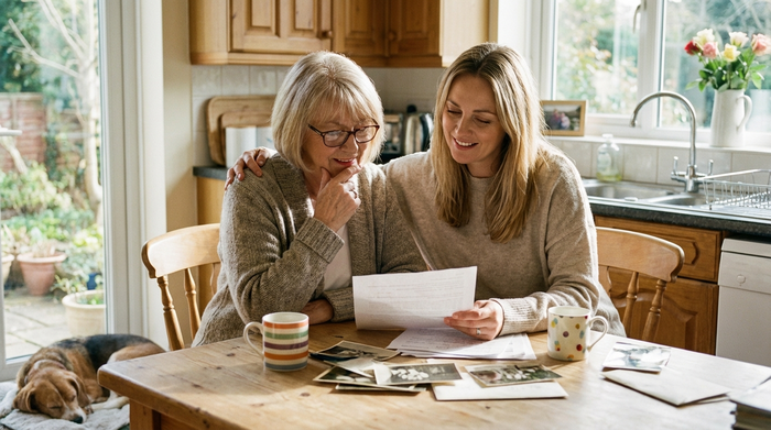 Eine nachdenkliche ältere Dame betrachtet gemeinsam mit ihrer erwachsenen Tochter einige Dokumente am Küchentisch. Die Atmosphäre ist entspannt, liebevoll und unterstützend.