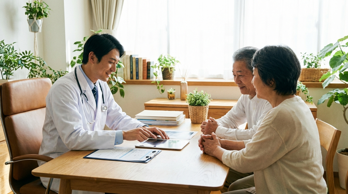 Ein freundlicher Arzt im weißen Kittel sitzt einem älteren Ehepaar in einem hellen Sprechzimmer gegenüber und bespricht behutsam medizinische Dokumente.