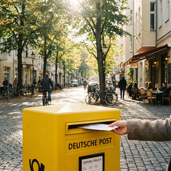 Eine Hand wirft einen Brief in einen gelben Briefkasten auf einer von Bäumen gesäumten, sonnigen Straße ein.