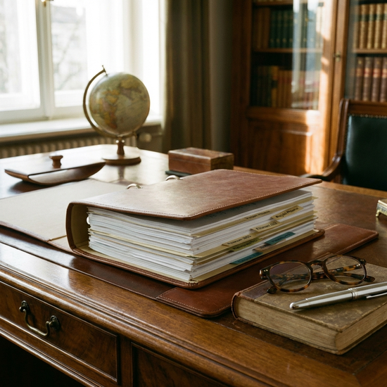 Ein Aktenordner mit sauber abgehefteten Papieren liegt auf einem eleganten Holzschreibtisch, daneben eine Lesebrille und ein silberner Füller.