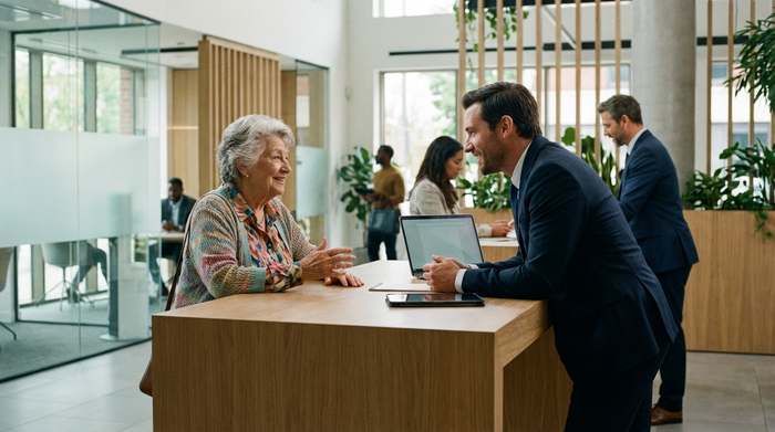 Eine ältere Dame sitzt am modernen Schreibtisch einer Bankfiliale und spricht vertrauensvoll mit einem freundlichen Bankberater im Anzug.