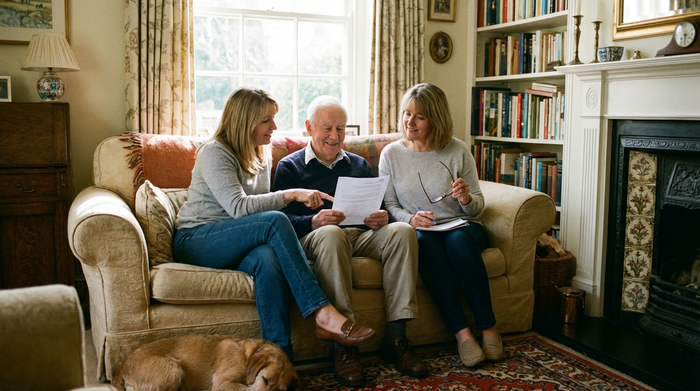 Zwei erwachsene Frauen sitzen mit ihrem alten Vater entspannt auf einem gemütlichen Sofa im Wohnzimmer und besprechen gemeinsam Papiere.