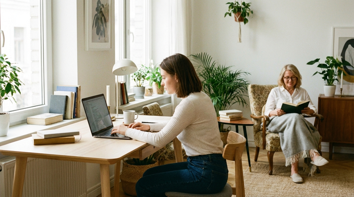 Eine junge Frau arbeitet konzentriert an ihrem Laptop an einem modernen Heimarbeitsplatz. Im Hintergrund sitzt eine ältere Dame entspannt in einem Sessel und liest ein Buch. Helle, freundliche Wohnatmosphäre ohne sichtbaren Text.