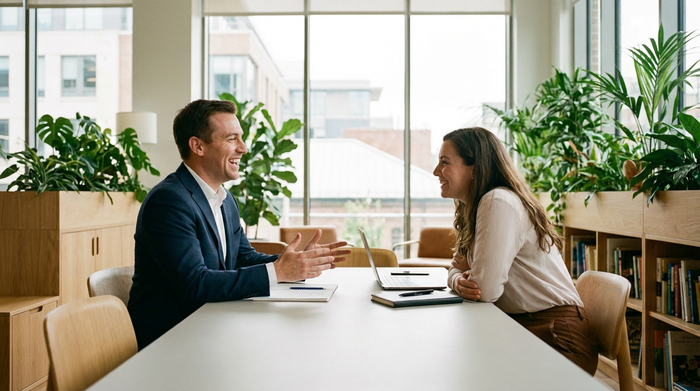 Ein freundlicher Berater im Anzug sitzt einer Frau an einem modernen Bürotisch gegenüber. Sie unterhalten sich zugewandt und offen. Die Umgebung ist ein helles, professionelles Büro mit Pflanzen.