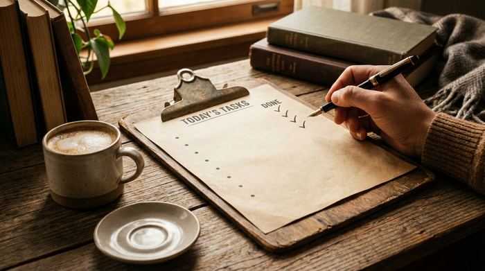 Eine Hand hält einen Stift und hakt unsichtbare Punkte auf einem Klemmbrett ab. Daneben steht eine Tasse Kaffee auf einem Holztisch. Gemütliche, organisierte Atmosphäre, warme Farben.