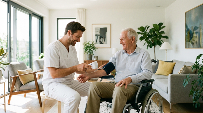 Ein professioneller Pfleger in weißer Dienstkleidung misst den Blutdruck eines älteren Herrn im Rollstuhl in einem modernen Wohnzimmer. Helles Tageslicht, freundliche Szene ohne Text.
