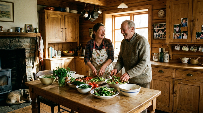 Eine herzliche Betreuerin und ein älterer Mann bereiten gemeinsam in einer gemütlichen Holzküche einen frischen Salat zu. Lachende Gesichter, familiäre Stimmung.