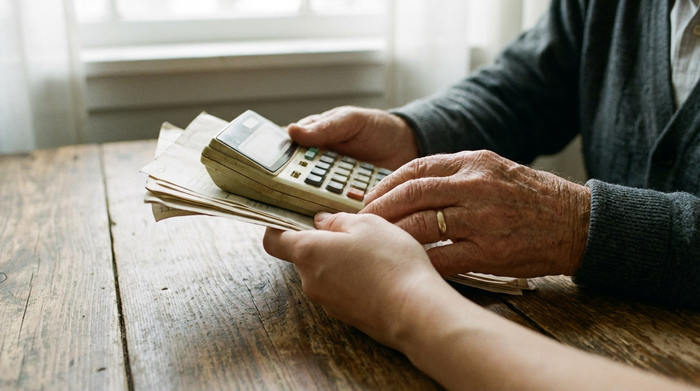 Zwei Hände, eine jüngere und eine ältere, halten gemeinsam einen Taschenrechner und Papiere über einem Holztisch. Fokus auf die Hände, weiches Licht, keine lesbaren Texte.