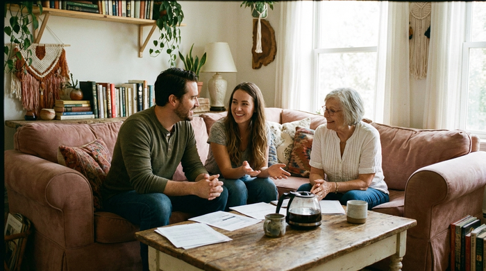 Eine Familie bestehend aus einer Tochter, einem Schwiegersohn und einer Großmutter sitzt beratend auf einem bequemen Sofa im Wohnzimmer. Entspannte und unterstützende Atmosphäre.
