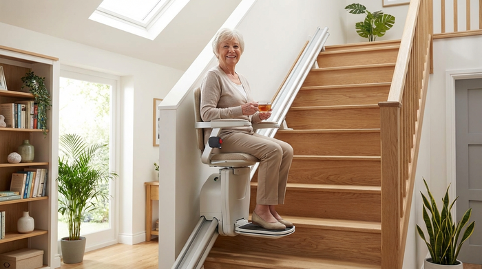 Ein moderner Treppenlift an einer schönen Holztreppe in einem gepflegten Einfamilienhaus. Eine ältere Dame fährt sicher und entspannt nach oben. Helle Beleuchtung.