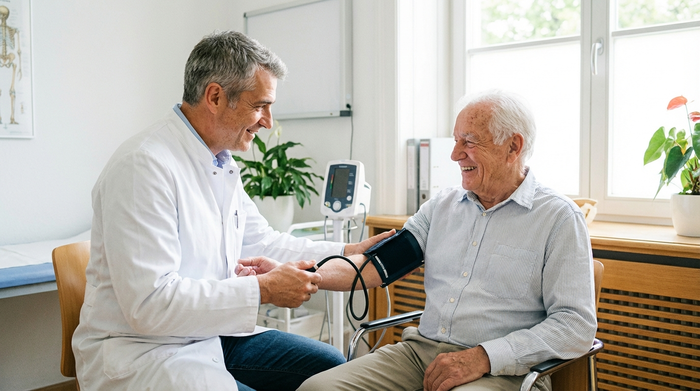 Ein freundlicher Arzt mittleren Alters im weißen Kittel misst den Blutdruck eines entspannten, lächelnden älteren Herrn in einer hellen, sauberen Arztpraxis. Realistische, vertrauensvolle Atmosphäre, Tageslicht.