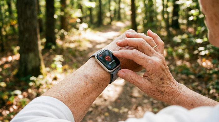 Nahaufnahme des Handgelenks einer älteren Dame, die eine moderne, schlichte Smartwatch trägt. Sie tippt sanft auf das Display. Im unscharfen Hintergrund ist ein sonniger Waldweg zu erkennen.