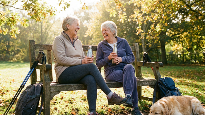 Zwei lachende ältere Freundinnen in bequemer Sportkleidung machen eine kurze Pause auf einer Holzbank im Park und trinken Wasser aus wiederverwendbaren Flaschen. Sonniges Wetter, positive Stimmung.