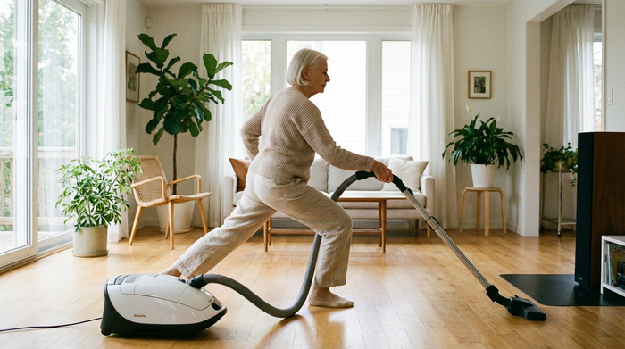 Eine ältere Person in bequemer Kleidung demonstriert die Fechterstellung beim Staubsaugen in einem hellen Wohnzimmer. Ein Fuß ist deutlich nach vorne gestellt, die Knie sind leicht federnd gebeugt, der Rücken ist vollkommen gerade. Realistische und saubere Umgebung.