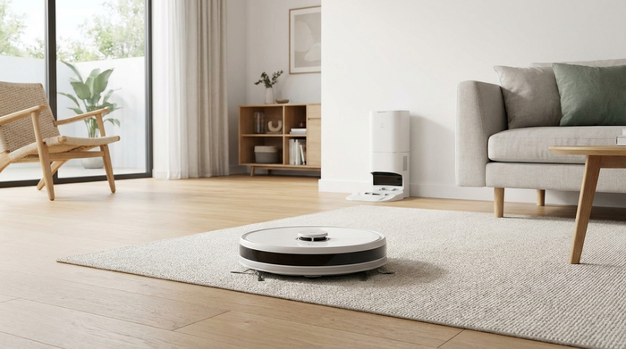 Ein flacher, moderner Saugroboter reinigt selbstständig einen hellen Teppich in einem aufgeräumten, barrierefreien Wohnzimmer. Im Hintergrund steht eine unauffällige automatische Absaugstation an der Wand. Keine herumliegenden Kabel, harmonische Einrichtung.