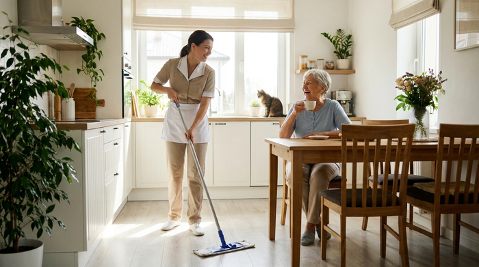 Eine freundliche, professionelle Haushaltshilfe wischt den Boden in der Küche einer Seniorin. Die Seniorin sitzt währenddessen entspannt am Esstisch und genießt eine Tasse Kaffee. Beide wirken fröhlich und entspannt in einer sauberen, hellen Umgebung.