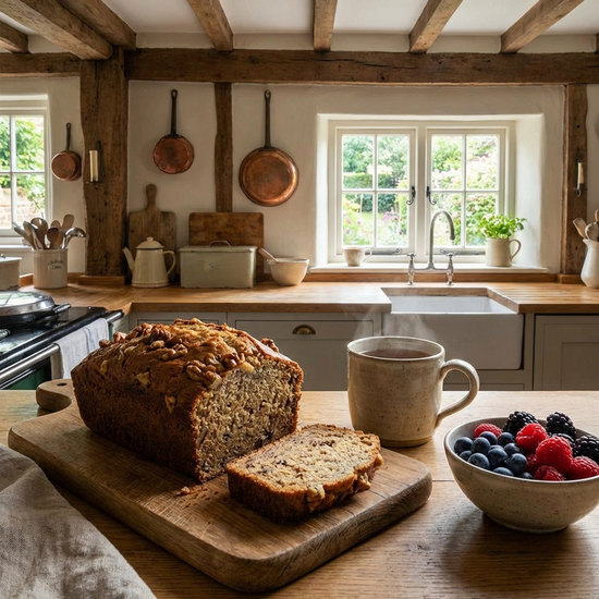 Frisch gebackenes Bananenbrot mit Walnüssen auf einem rustikalen Holzbrett, daneben frische Beeren und eine Tasse dampfender Tee in einer gemütlichen Küche.