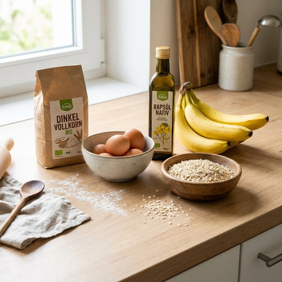 Zutaten für gesundes Backen auf einer hellen Küchentheke arrangiert: Dinkelvollkornmehl, frische Eier, Rapsöl, reife Bananen und eine Schale mit feinen Haferflocken.