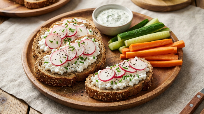 Ein appetitlich angerichteter Teller mit herzhaften Snacks: Knusprige Vollkornbrot-Scheiben mit körnigem Hüttenkäse, Radieschen und Schnittlauch, daneben knackige Gemüsesticks aus Karotten und Gurken.