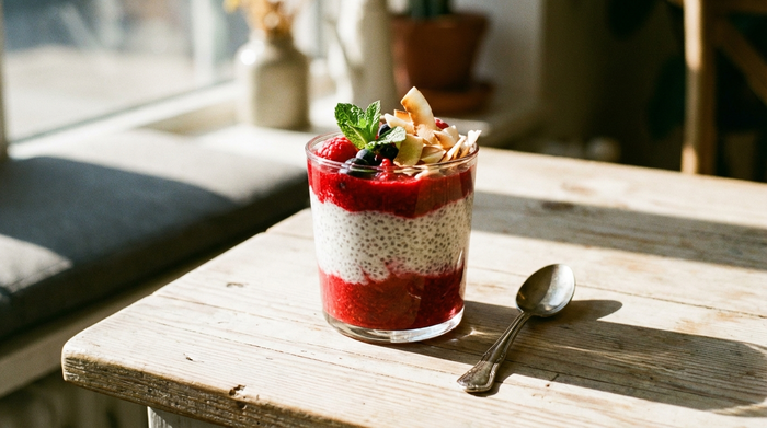 Ein ansprechend angerichtetes Dessertglas mit cremigem Chia-Pudding und fein püriertem, rotem Beerenkompott, serviert mit einem kleinen Löffel auf einem hellen Holztisch im Sonnenlicht.