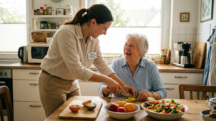 Eine freundliche, professionelle Pflegekraft in heller Alltagskleidung sitzt gemeinsam mit einer älteren Dame am Küchentisch und hilft ihr lächelnd beim Schneiden von frischem Obst für einen Salat.