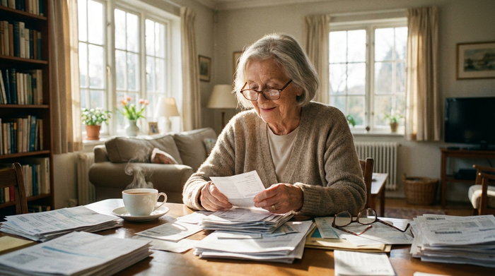 Eine ältere Dame sitzt am Schreibtisch in ihrem hellen Wohnzimmer und sortiert aufmerksam Dokumente und Rechnungen. Neben ihr steht eine Tasse Tee und eine Lesebrille liegt auf dem Tisch.