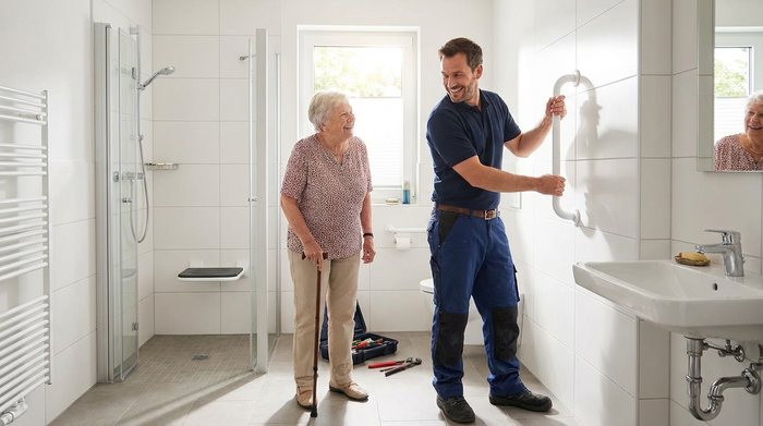 Ein freundlicher Handwerker installiert einen modernen, weißen Haltegriff in einem hell gefliesten, barrierefreien Badezimmer. Eine ältere Frau steht lächelnd daneben und beobachtet die Anpassung.