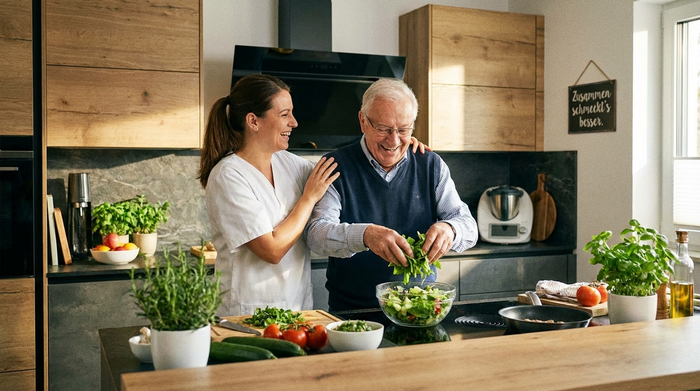 Eine einfühlsame Betreuungskraft und ein älterer Herr bereiten gemeinsam in einer modernen Küche einen frischen Salat zu. Beide wirken vertraut und haben sichtlich Freude am gemeinsamen Kochen.