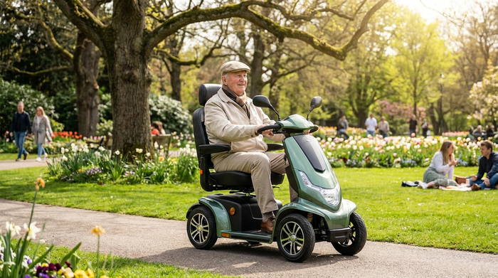 Ein älterer Mann fährt entspannt mit einem modernen Elektromobil durch einen gepflegten, grünen Park an einem sonnigen Nachmittag. Er trägt eine leichte Jacke und lächelt zufrieden.