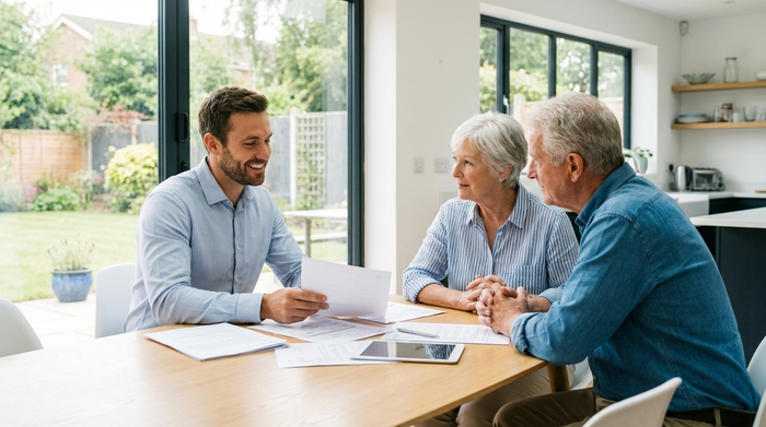 Ein sympathischer Berater in einem hellen Büro erklärt einem älteren Ehepaar verschiedene Unterlagen. Die Atmosphäre ist vertrauensvoll, ruhig und professionell.