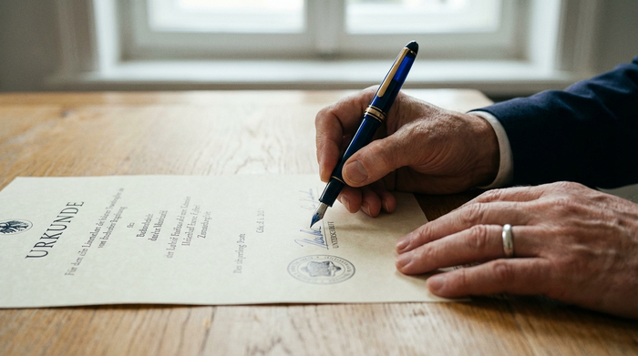 Eine Nahaufnahme einer Hand, die mit einem eleganten blauen Füllfederhalter ein offiziell aussehendes Papier auf einem hellen Eichenschreibtisch unterschreibt. Sanftes Tageslicht fällt auf das Papier.