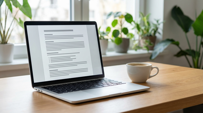 Ein aufgeschlagener Laptop auf einem sauberen Schreibtisch neben einer weißen Kaffeetasse. Auf dem Bildschirm ist ein strukturiertes Textdokument ohne lesbaren Text zu erkennen. Im Hintergrund unscharfe grüne Zimmerpflanzen.