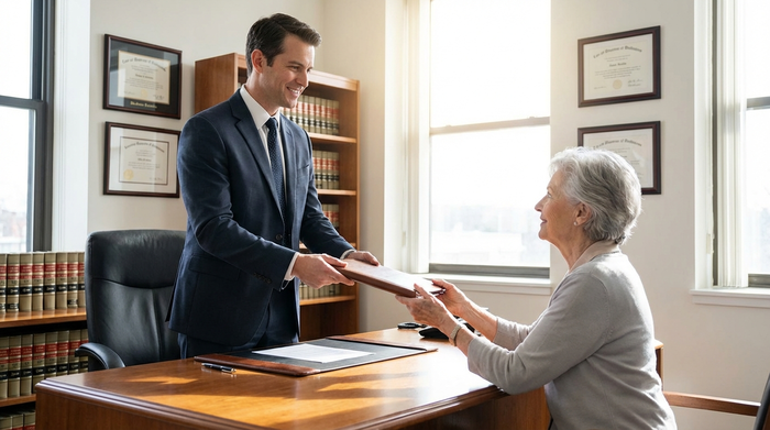 Ein seriöser Notar in einem gut sitzenden Anzug reicht einer älteren Dame in einem hellen Büro lächelnd ein Dokumenten-Mäppchen über den Schreibtisch. Die Szene wirkt professionell und vertrauenserweckend.