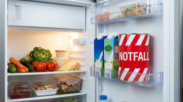 Eine geöffnete Kühlschranktür, in der eine markante rot-weiße Notfalldose neben normalen Lebensmitteln steht. Die Szene ist gut ausgeleuchtet und realistisch.
