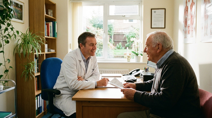 Ein freundlicher männlicher Hausarzt in einem weißen Kittel sitzt im Sprechzimmer einem älteren Patienten gegenüber. Beide führen ein ruhiges, aufklärendes Gespräch.