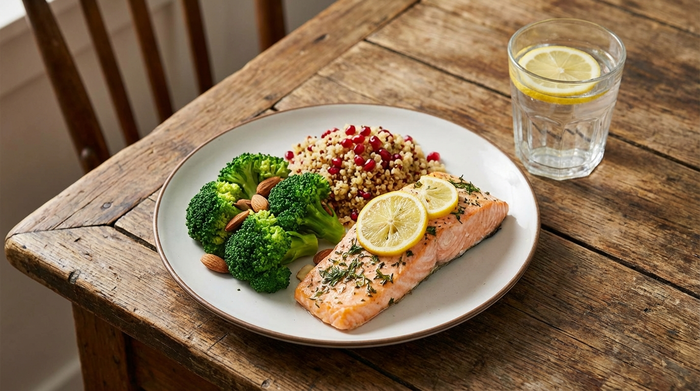 Ein ansprechend angerichteter Teller mit einem Stück gedünstetem Lachs, leuchtend grünem Brokkoli und Quinoa auf einem rustikalen Holztisch. Daneben steht ein Glas frisches Wasser mit einer Zitronenscheibe.