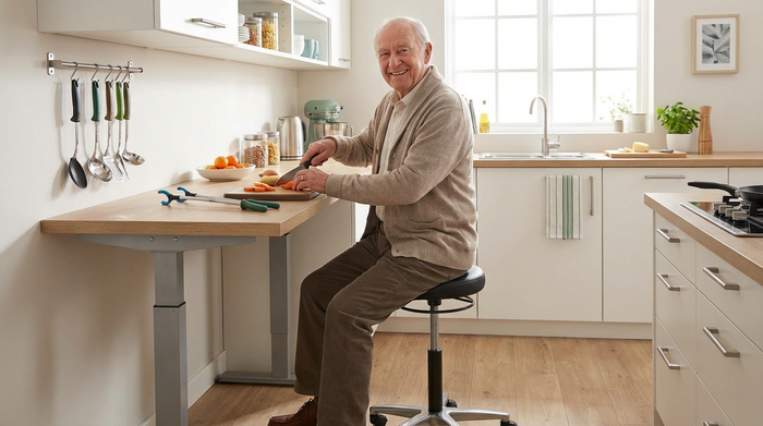 Eine ergonomische Küchenszene. Ein älterer Herr sitzt bequem auf einem höhenverstellbaren Stehhocker an der Küchenzeile und schneidet mühelos weiches Gemüse mit einem speziellen, abgewinkelten Messer auf einer rutschfesten Unterlage.