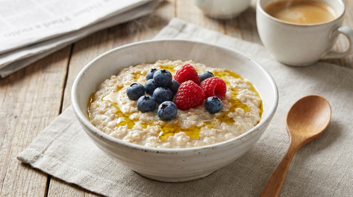 Eine weiße Keramikschale gefüllt mit cremigem Haferbrei, garniert mit frischen Blaubeeren, Himbeeren und einem Schuss goldgelbem Leinöl, auf einem hellen Tischset.