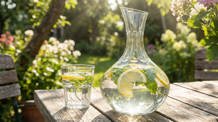 Eine große, elegante Glaskaraffe gefüllt mit klarem Wasser, frischen Zitronenscheiben und grünen Minzblättern steht auf einem Holztisch im Garten. Daneben steht ein halb volles Trinkglas im hellen Tageslicht.