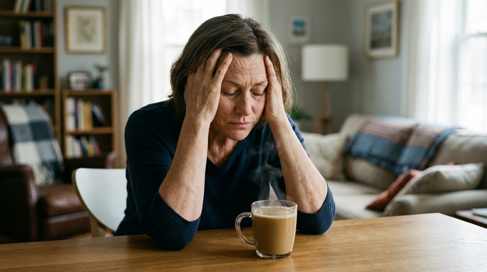 Eine erschöpfte Frau mittleren Alters sitzt an einem Küchentisch und stützt den Kopf in die Hände. Eine warme Tasse Kaffee steht vor ihr. Im Hintergrund ist unscharf ein gemütliches Wohnzimmer zu erkennen. Realistische Darstellung von emotionaler Erschöpfung bei weichem Tageslicht.
