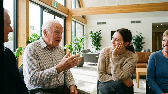 Eine kleine Gruppe von Menschen in einem sonnigen, modernen Gemeindezentrum. Ein älterer Herr erzählt etwas, während eine jüngere Frau aufmerksam und empathisch zuhört. Authentische Mimik, klare Umgebung ohne störende Diagramme oder Schriften.