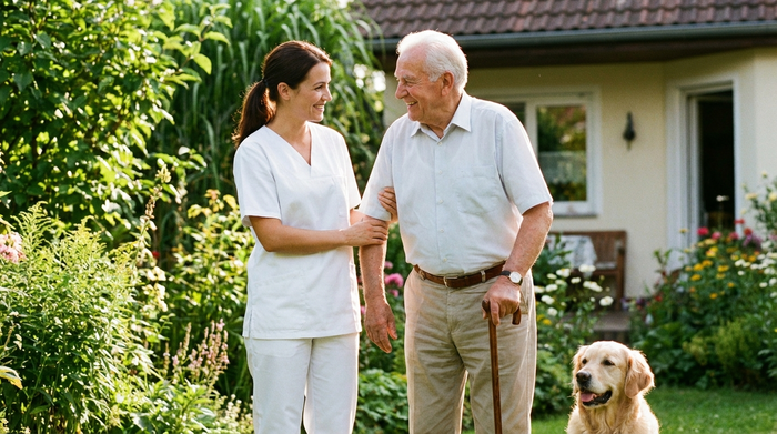 Eine professionelle, freundliche Pflegekraft in weißer Berufskleidung hilft einem lächelnden älteren Mann beim Gehen im heimischen Garten. Sonniges Wetter, grüne Pflanzen, entspannte und vertrauensvolle Stimmung, keine überlagerten Texte.