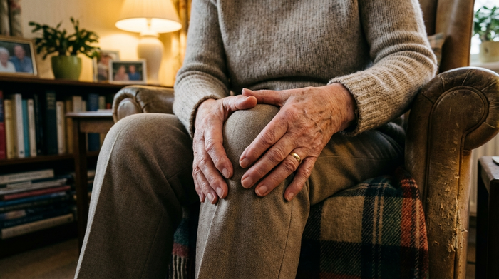 Eine Nahaufnahme der Hände einer älteren Frau, die sanft ihr schmerzendes Knie hält, während sie auf einem bequemen Sessel sitzt. Weiches, warmes Licht im Wohnzimmer.