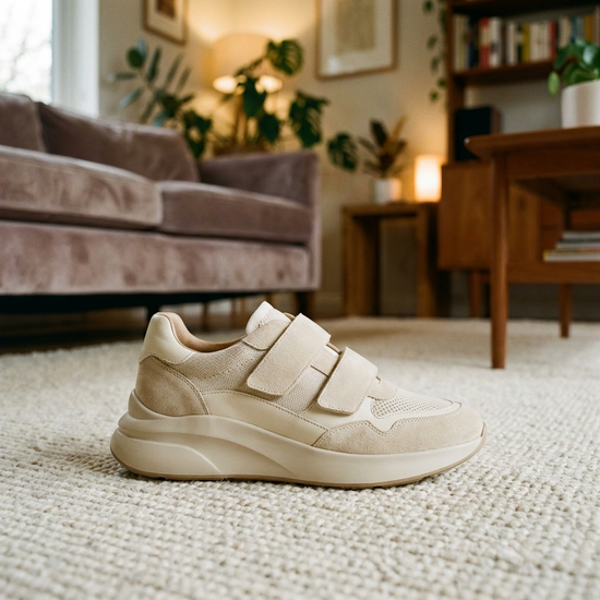 Ein eleganter, moderner Schuh mit Klettverschluss steht auf einem hellen Teppich. Im Hintergrund ist unscharf eine gemütliche Wohnungseinrichtung zu erkennen.