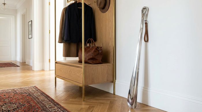 Ein hochwertiger, extralanger Schuhanzieher aus glänzendem Metall lehnt griffbereit an einer weißen Wand neben einer stilvollen Garderobe.