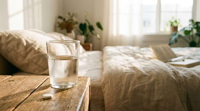 Nahaufnahme eines klaren Glases Wasser auf einem hölzernen Nachttisch im warmen Morgenlicht. Daneben liegt eine einzelne weiße Tablette. Sanfte, beruhigende Atmosphäre in einem hellen Schlafzimmer.