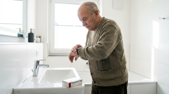 Ein älterer Herr blickt nachdenklich auf seine Armbanduhr in einem hellen, sauberen Badezimmer. Auf dem weißen Waschbeckenrand liegt eine ungeöffnete Medikamentenschachtel.