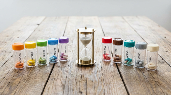 Verschiedene, farblich getrennte Medikamentendosen ordentlich aufgereiht auf einem Holztisch, getrennt durch eine kleine, elegante Sanduhr, die den zeitlichen Abstand symbolisiert. Professionelle, aufgeräumte Szene.