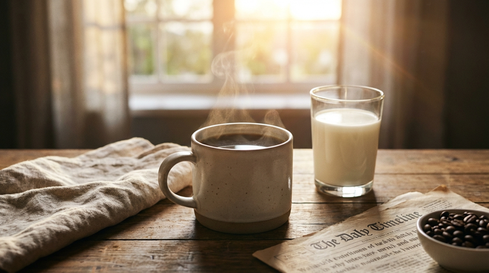 Eine dampfende Tasse schwarzer Kaffee und ein Glas frische Milch stehen auf einem rustikalen Küchentisch, im Hintergrund unscharf ein Fenster mit heller Morgensonne. Gemütliches Frühstücksambiente ohne Personen.