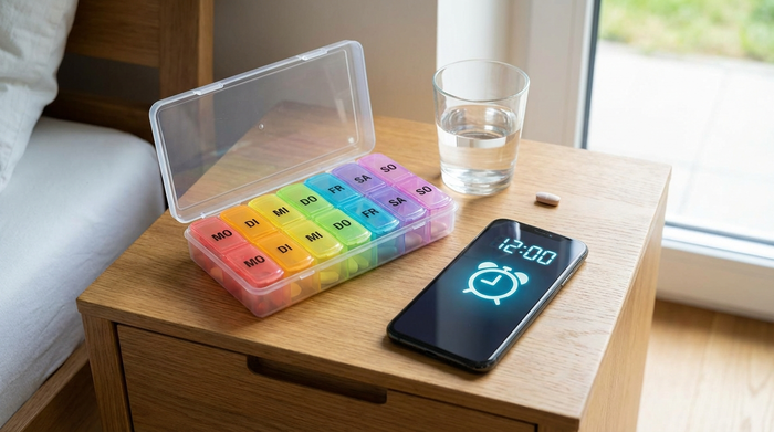 Eine moderne, übersichtliche Pillenbox mit farbigen Fächern liegt neben einem Smartphone, auf dessen Bildschirm ein leuchtendes Weckersymbol zu sehen ist. Praktische Alltagsszene auf einem Beistelltisch.